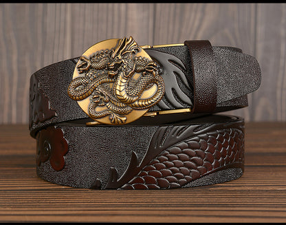 Coffee / 105 cm Luxury Designer Dragon Leather Belt for Men - skyjackerz