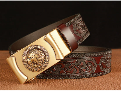 Gold - Black / 105 cm Lion King Alloy Buckle Leather Belt for Men - skyjackerz
