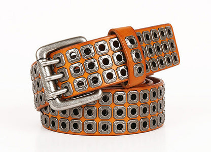 Black / 100 cm Men's Heavy Metal Cowboy Punk Leather Belt - skyjackerz