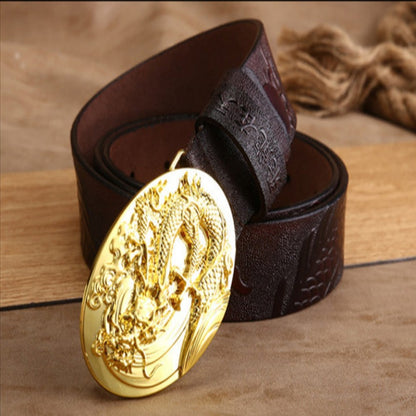Black Buckle - Black / 100 cm Handmade Leather Belt for Men - Chinese Dragon Design - skyjackerz