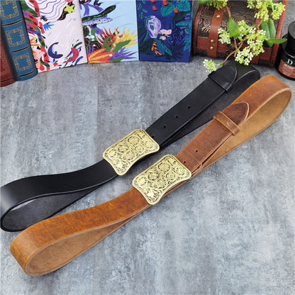 Yellow Brown / 95 cm Luxury Carved Leather Belt for Men - Floral Design - skyjackerz