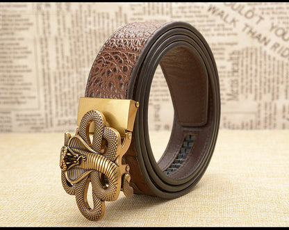 Gold - Coffee / 105 cm Designer Automatic Leather Belt for Men - Cobra Buckle - skyjackerz