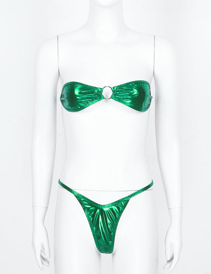 Green Women's Shiny Leather Bikini Set - skyjackerz