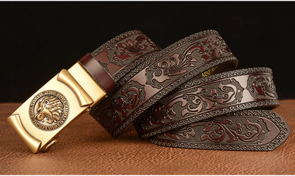Gold - Black / 105 cm Lion King Alloy Buckle Leather Belt for Men - skyjackerz