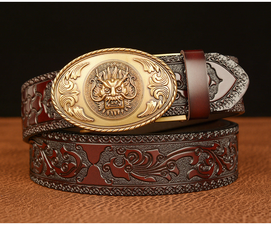 Gold - Coffee / 110 cm Chinese Dragon Totem Alloy Leather Belt For Men - skyjackerz