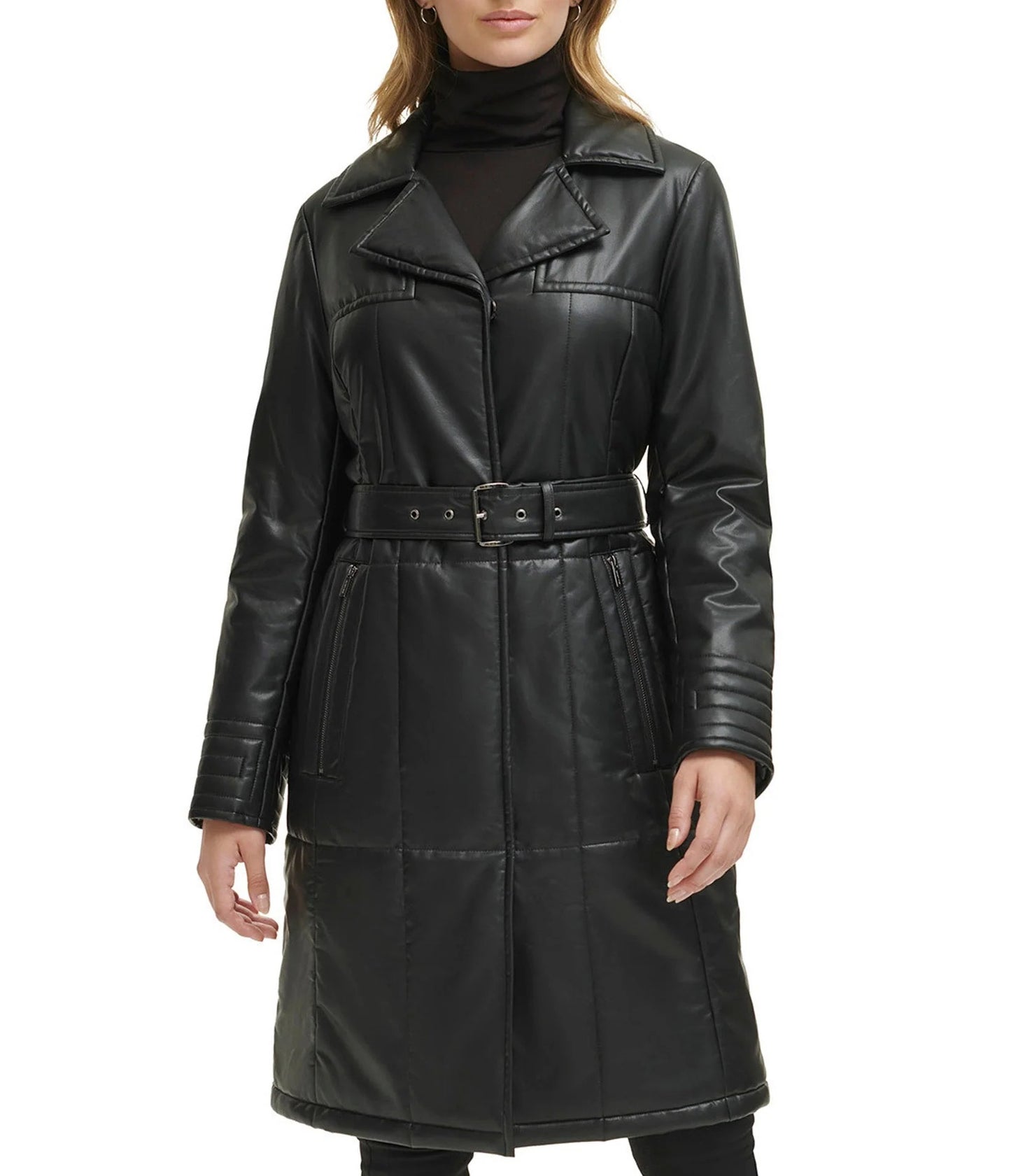 Women's Quilted Faux Leather Trench Coat