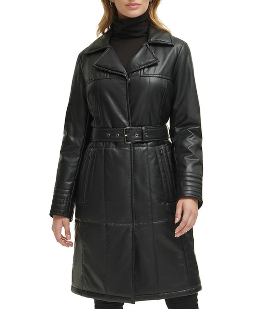 Small Women's Quilted Faux Leather Trench Coat - skyjackerz