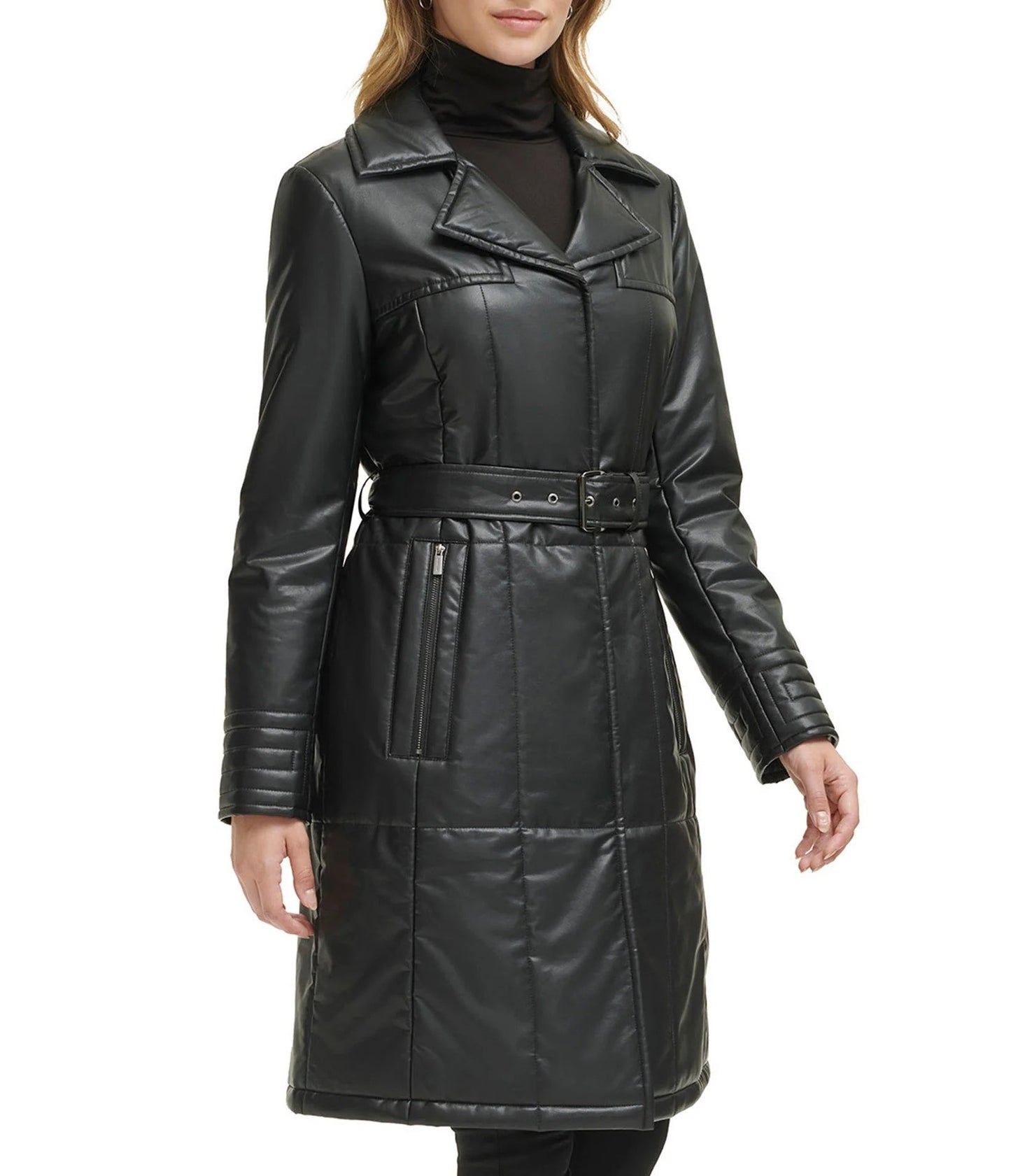 Women's Quilted Faux Leather Trench Coat