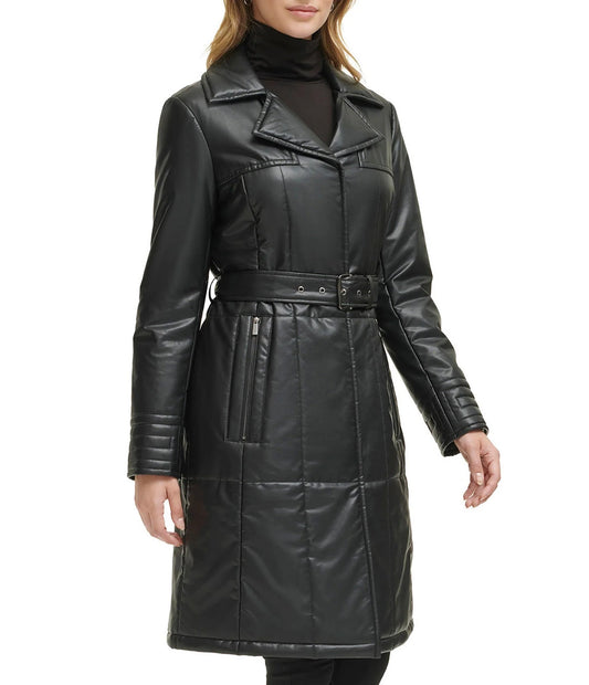 Small Women's Quilted Faux Leather Trench Coat - skyjackerz