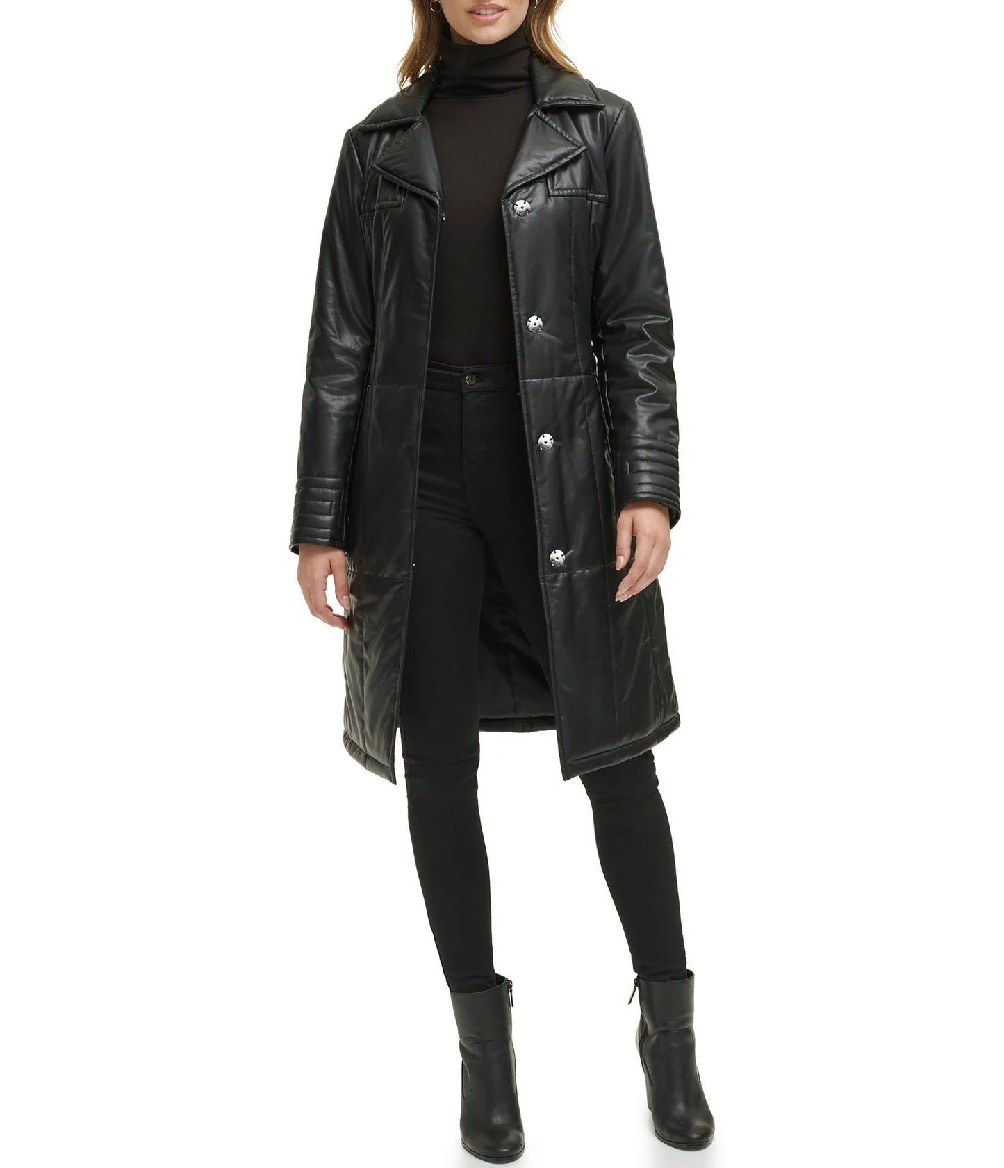 Women's Quilted Faux Leather Trench Coat