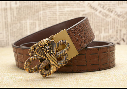 Gold - Black / 105 cm Designer Automatic Leather Belt for Men - Cobra Buckle - skyjackerz