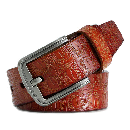 Camel / 100 cm Men's Designer Embossed Genuine Leather Belt - skyjackerz