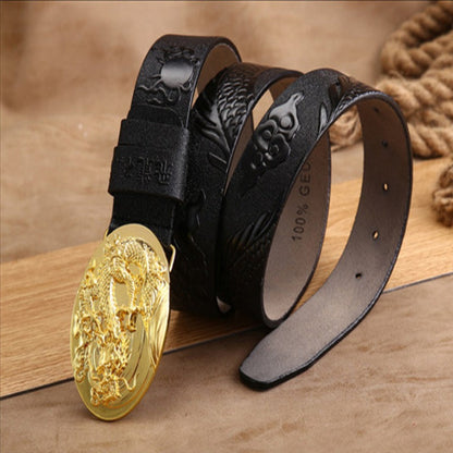 Black Buckle - Black / 100 cm Handmade Leather Belt for Men - Chinese Dragon Design - skyjackerz