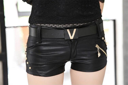 Black / S Women Biker Slim Sexy Leather Shorts - skyjackerz