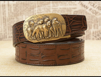 Gold - Black / 105 cm Luxury Automatic Leather Belt for Men - Wolf Pack Design - skyjackerz