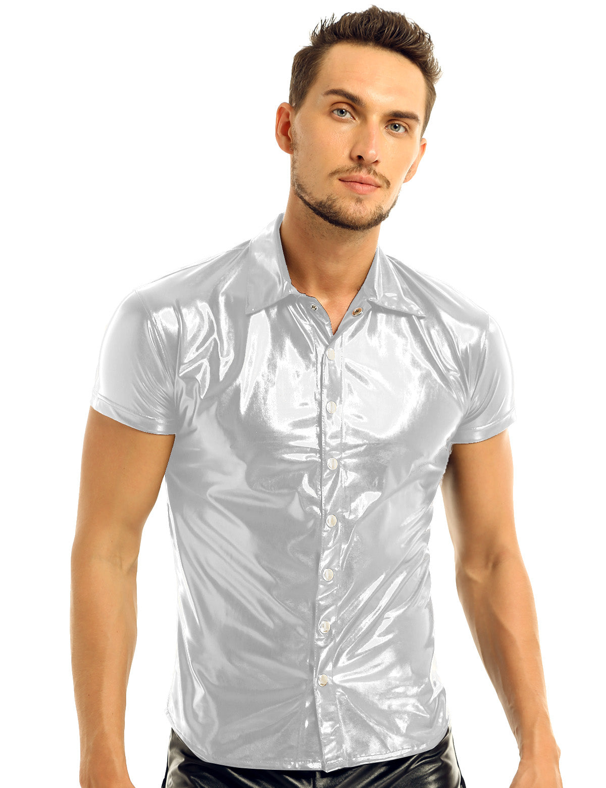 White / M Men's Leather Metallic Club Top - skyjackerz