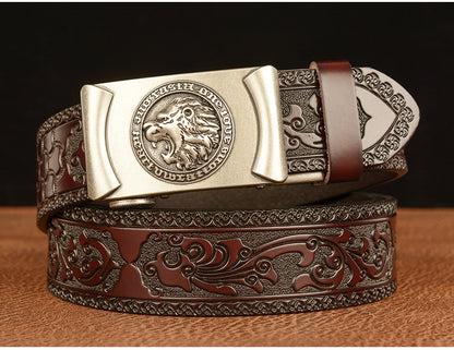 Silver - Brown / 105 cm Lion King Alloy Buckle Leather Belt for Men - skyjackerz