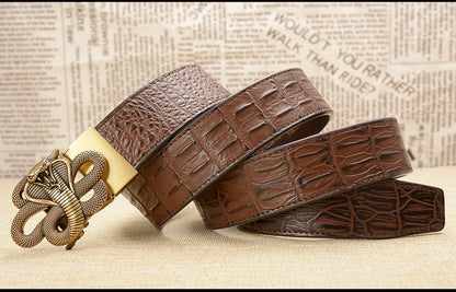 Gold - Black / 105 cm Designer Automatic Leather Belt for Men - Cobra Buckle - skyjackerz