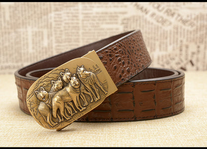 Gold - Black / 105 cm Luxury Automatic Leather Belt for Men - Wolf Pack Design - skyjackerz