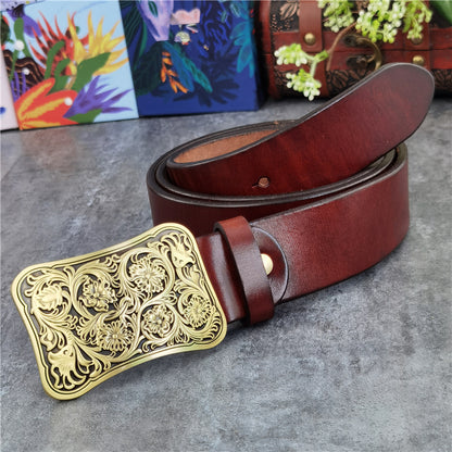 Yellow Brown / 95 cm Luxury Carved Leather Belt for Men - Floral Design - skyjackerz