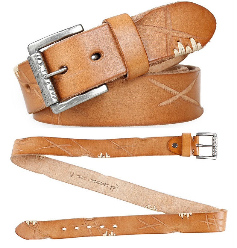 Khaki / 105 Men's Designer Retro Leather Belt - skyjackerz