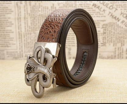 Silver - Coffee / 105 cm Designer Automatic Leather Belt for Men - Cobra Buckle - skyjackerz
