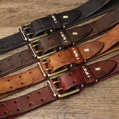 Brown / 105 cm Men's Exquisite Brass Buckle Leather Belt - skyjackerz