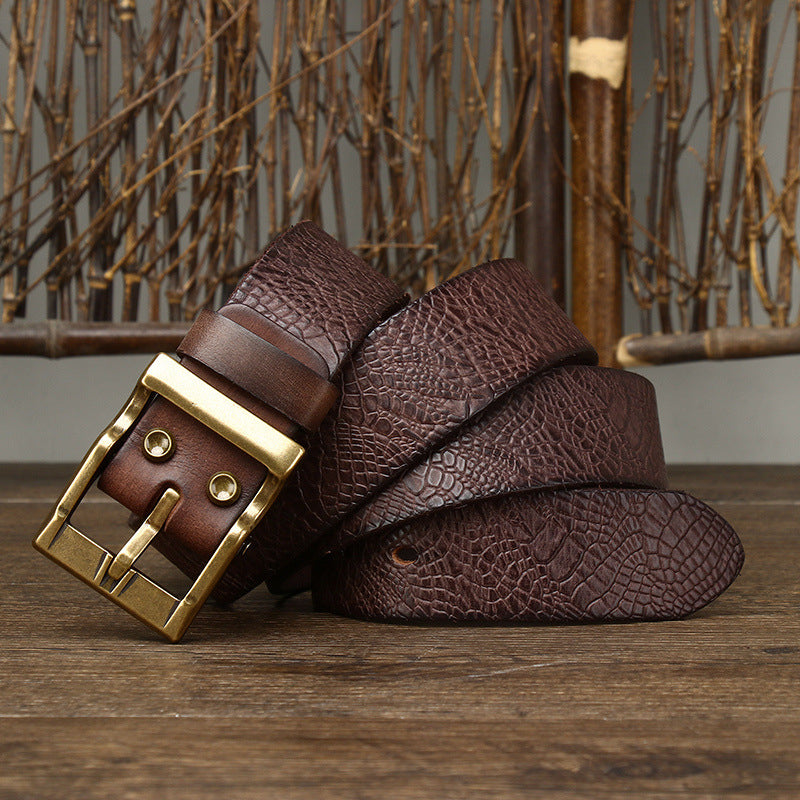 Brown / 105 cm Men's Wide Leather Cowboy Belt - skyjackerz