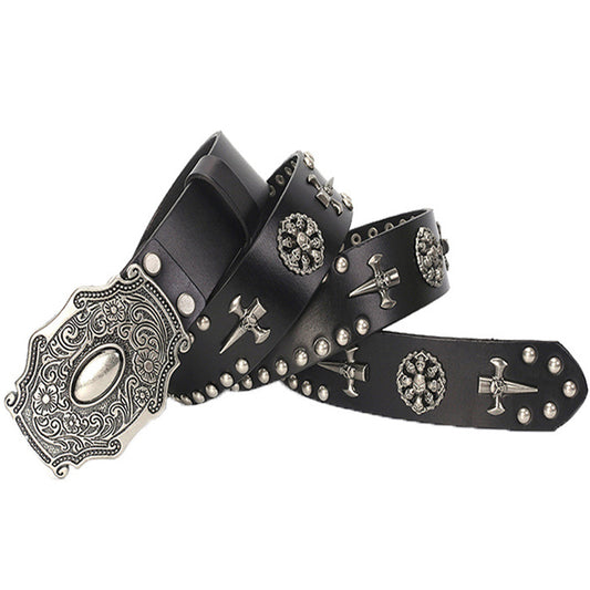 Black / 105 cm Men's Vintage Style Punk Leather Belt - skyjackerz