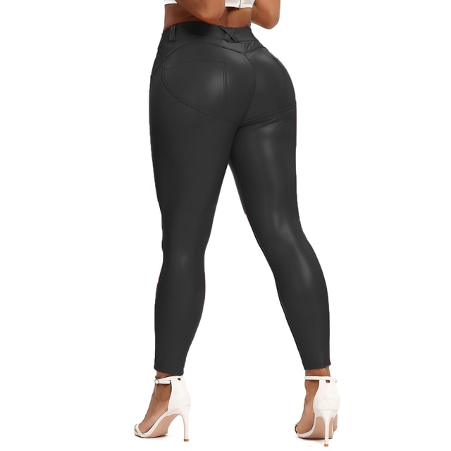 Black / S Women's Shiny Leather Pants - skyjackerz