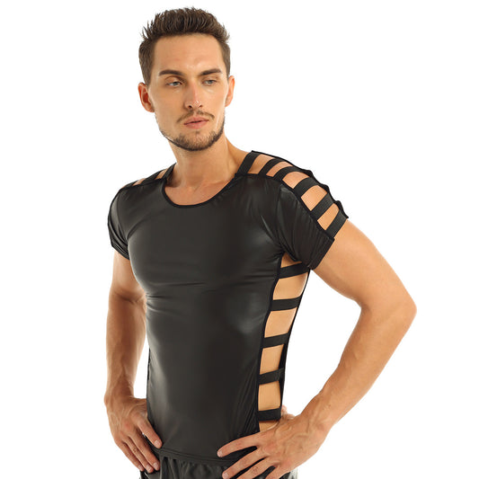 Black / M Men's Leather Sexy Cut Out Top - skyjackerz