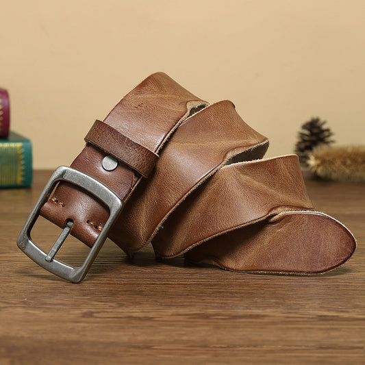 Khaki / 105 cm Men's Retro Fold Genuine Leather Belt - skyjackerz