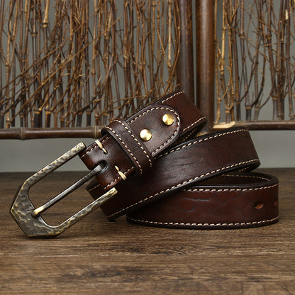 Brown / 105 cm Men's Thick Buckle Genuine Leather Belt - skyjackerz
