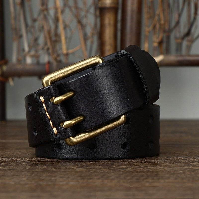 A / 105 cm Men's Retro Double Needle Leather Belt - skyjackerz