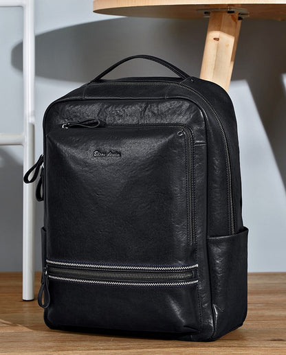 Black Men's Cowhide Leather Laptop Backpack - skyjackerz