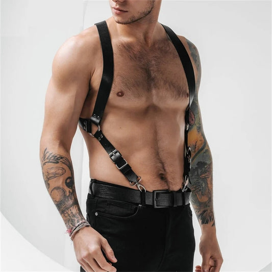 Black Men's Leather Black Shoulder Suspenders - skyjackerz