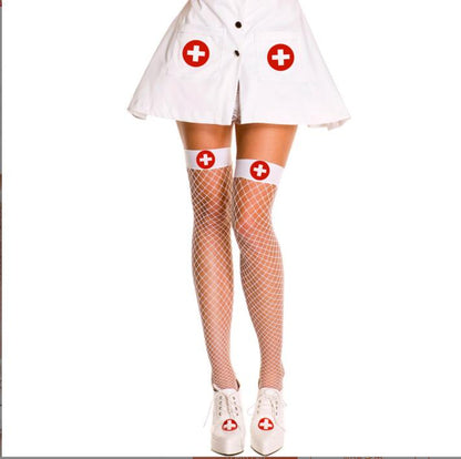 White / One-Size Women's Sexy Nurse Mesh Stockings - skyjackerz