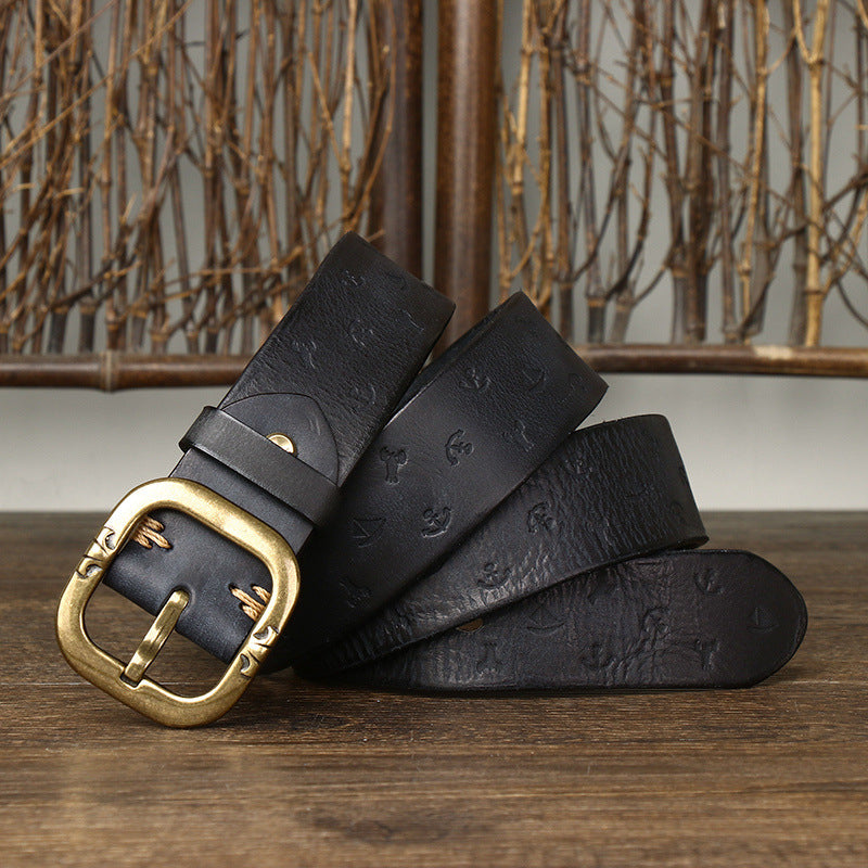 Brown / 105 cm Men's Embossed Designer Leather Belt - skyjackerz