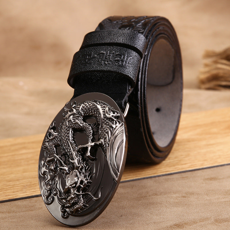 Black Buckle - Black / 100 cm Chinese Dragon Handmade Leather Belt For Men - skyjackerz