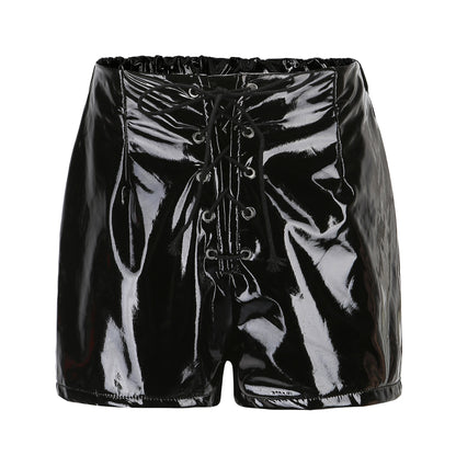 Black / S Women Faux Leather Lace-Up Shorts - skyjackerz