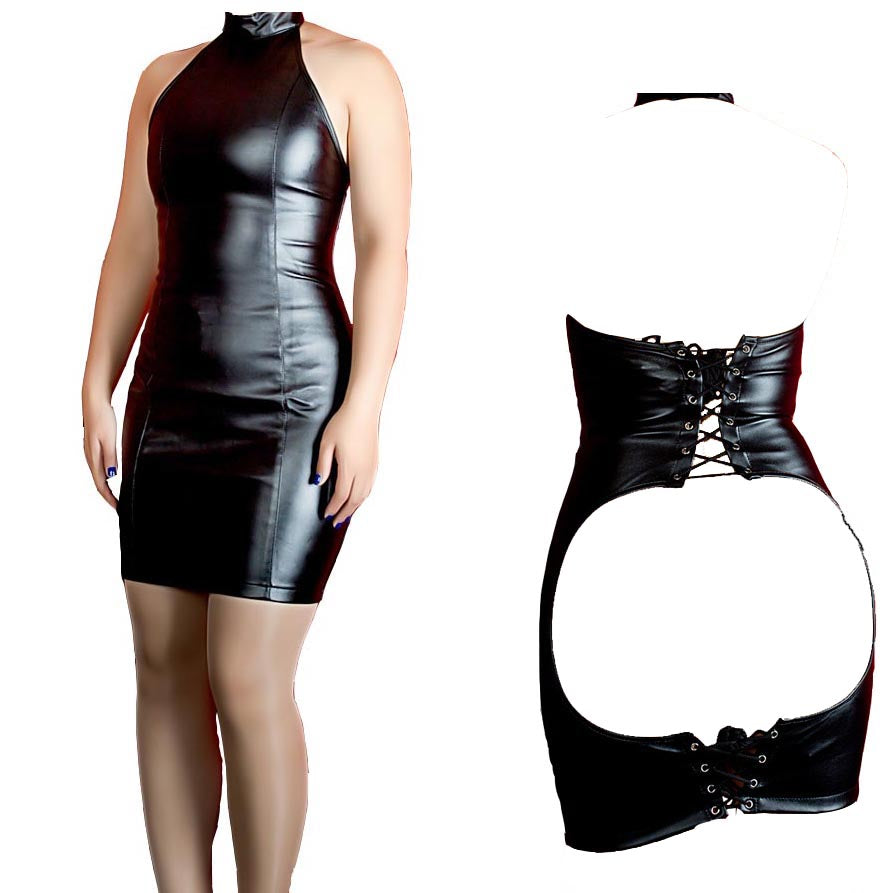 Black / S Women's Leather Open-Back Mini Dress - skyjackerz