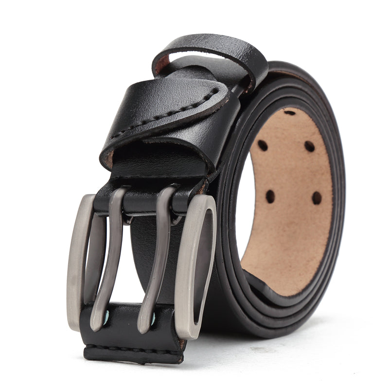 Black / 110 cm Men's Vintage Double Pin Buckle Leather Belt - skyjackerz