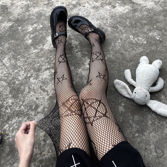 Black / One-Size Five-Pointed Star Mesh Fishnet Pantyhose - skyjackerz