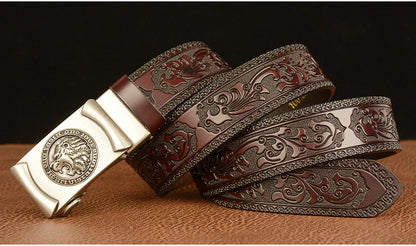 Gold - Black / 105 cm Lion King Alloy Buckle Leather Belt for Men - skyjackerz
