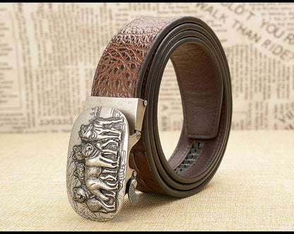 Silver - Coffee / 105 cm Luxury Automatic Leather Belt for Men - Wolf Pack Design - skyjackerz