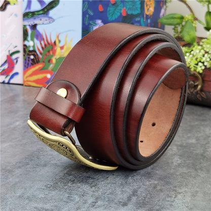 Yellow Brown / 95 cm Luxury Carved Leather Belt for Men - Floral Design - skyjackerz