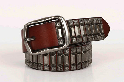 Black / 105 cm Men's Heavy Metal Rivet Leather Belt - skyjackerz