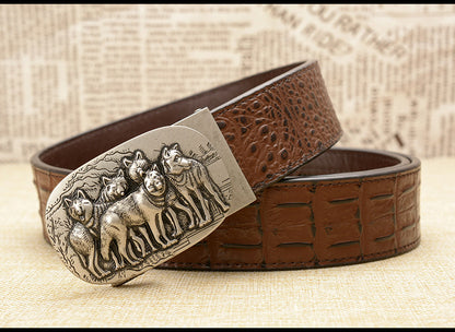 Gold - Black / 105 cm Luxury Automatic Leather Belt for Men - Wolf Pack Design - skyjackerz