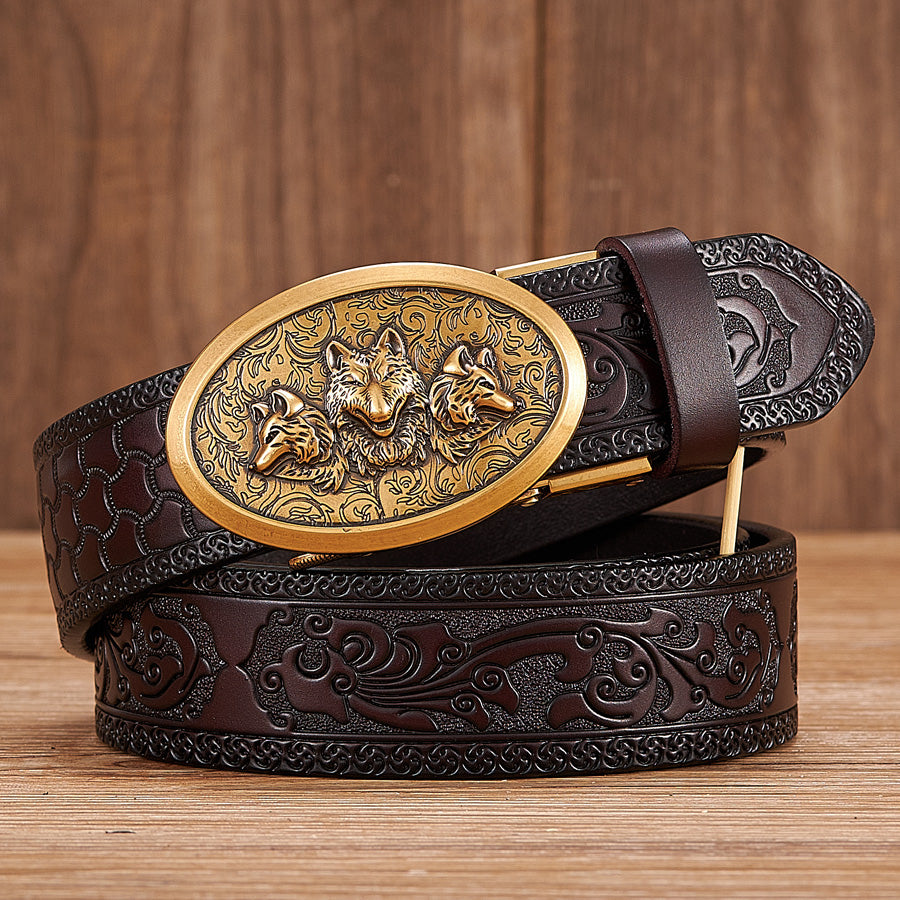 Gold - Black / 100 cm Automatic Embossed Leather Belt for Men - Wolf Design - skyjackerz