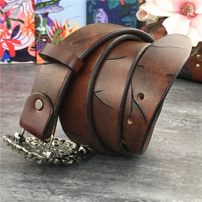 Brown / 95 cm Men's Retro Snake Buckle Thick Leather Belt - skyjackerz